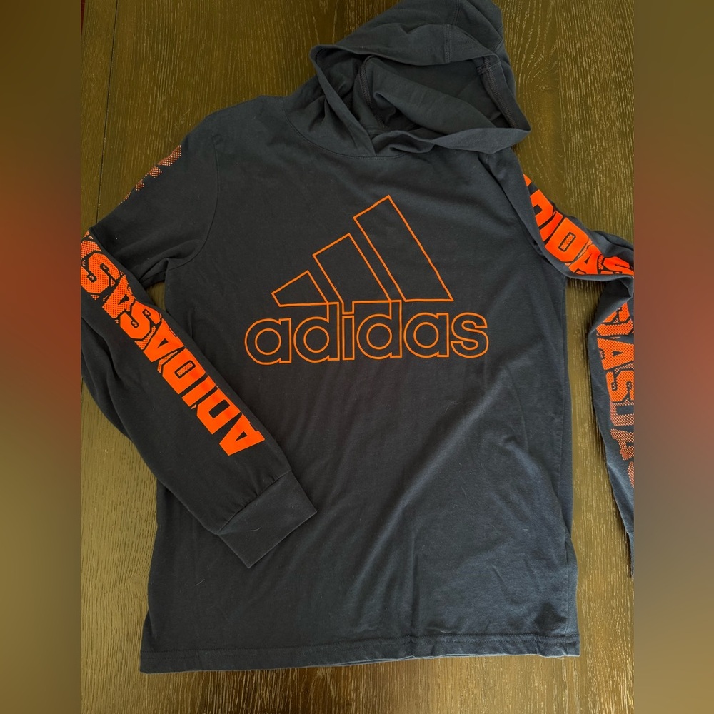 Adidas hooded long sleeve tee. Youth size L (14/16). Navy, like new condition